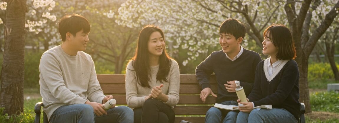 桜が咲いている公園のベンチに4人が座り、日差しの中で話したり笑ったりしています。. 桜が咲いている公園のベンチに4人が座り、日差しの中で話したり笑ったりしています。.