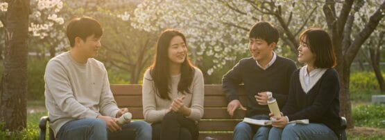 桜が咲いている公園のベンチに4人が座り、日差しの中で話したり笑ったりしています。.