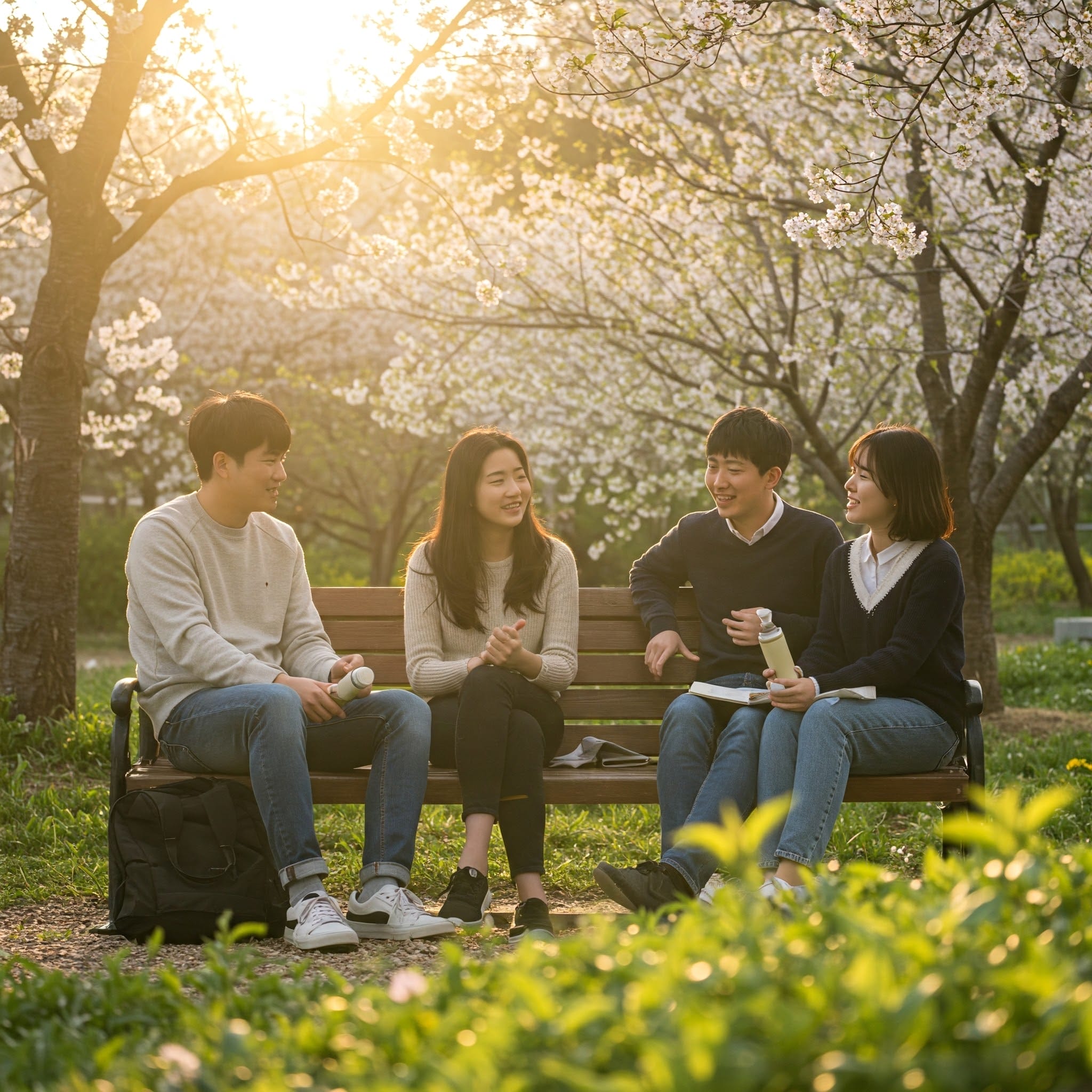 桜が咲いている公園のベンチに4人が座り、日差しの中で話したり笑ったりしています。.