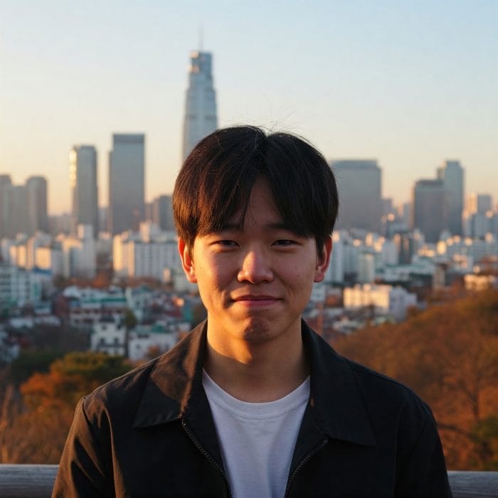 ソウルの街並みを背景に、無理に笑顔を作ろうとする人物の肩越しのショット。現代社会の複雑な感情を暗示する。