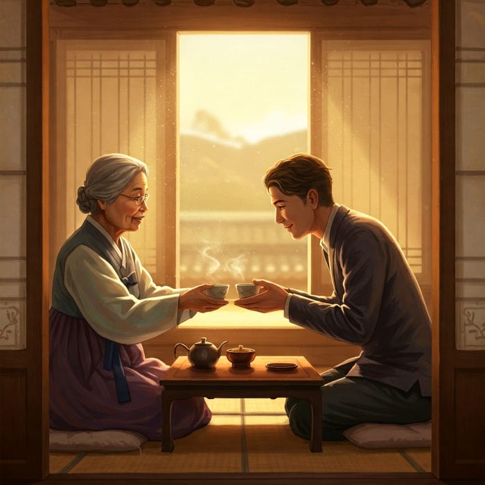 韓国人の教師と生徒が敬語で丁寧に会話しているイラスト