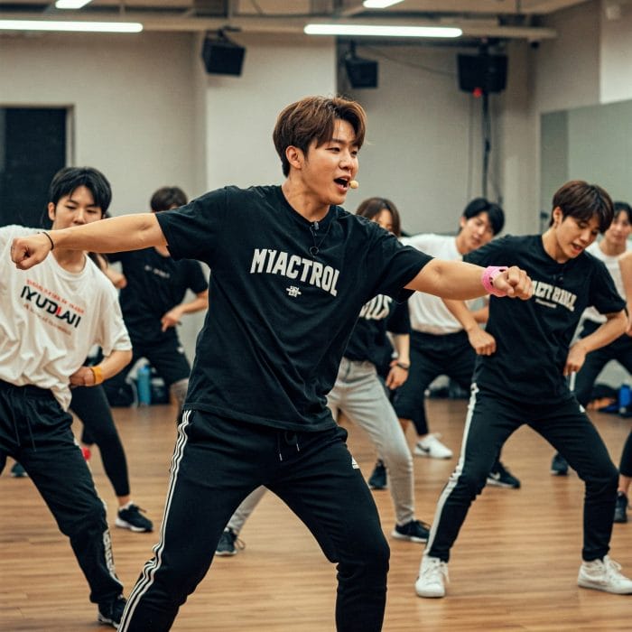 鏡張りのスタジオで汗だくでシンクロダンスを練習するK-POP練習生グループ