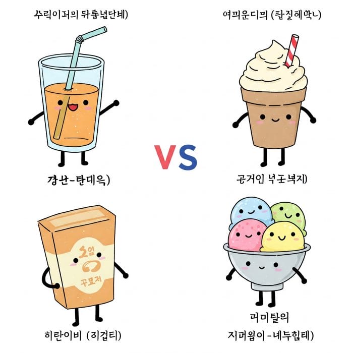 「ジュース」の韓国語「주스」と北朝鮮の言葉「과일단물」を並べて表示したイラスト