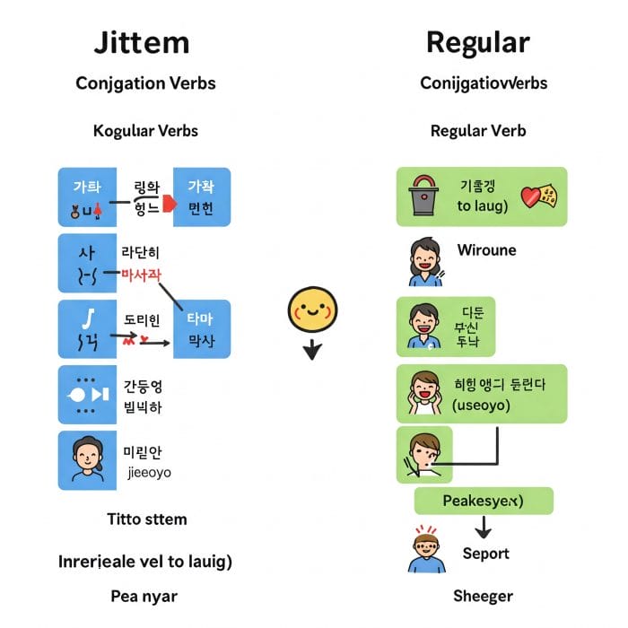 韓国語のㅅ変則動詞と規則動詞の活用比較イラスト