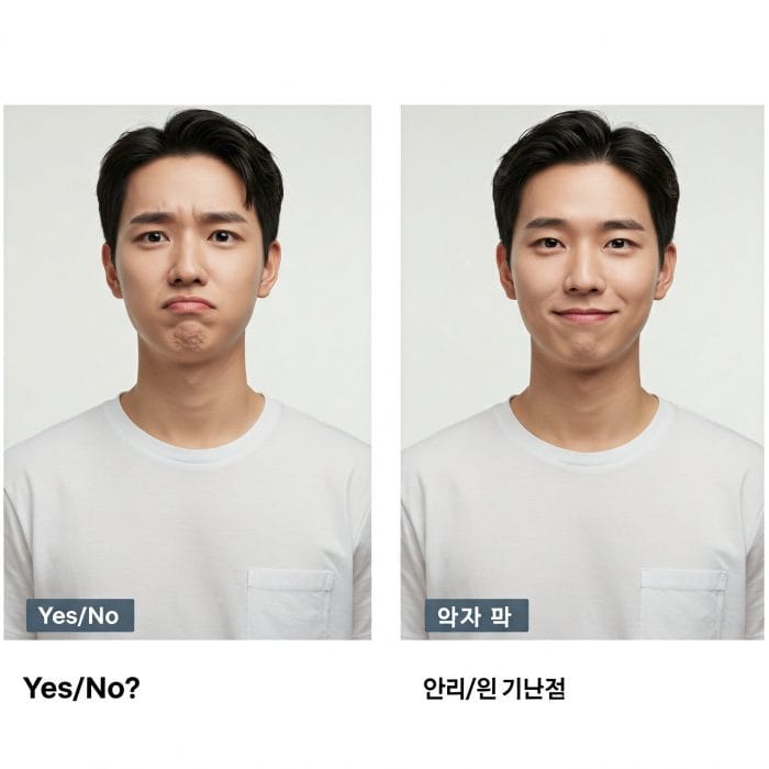 左右分割画像。左は英語の否定疑問文に困惑する人、右は韓国語の否定疑問文に自信を持って答える同じ人。