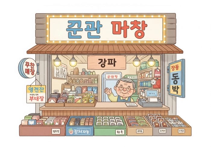 良心的な価格の看板がある韓国の市場の屋台のイラスト