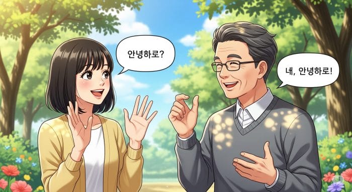 多様な人々が笑顔で韓国語で会話しているイラスト