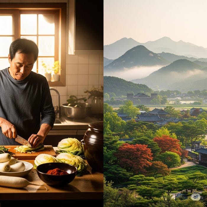 キムチを作っている人と韓国の遠景の分割画像