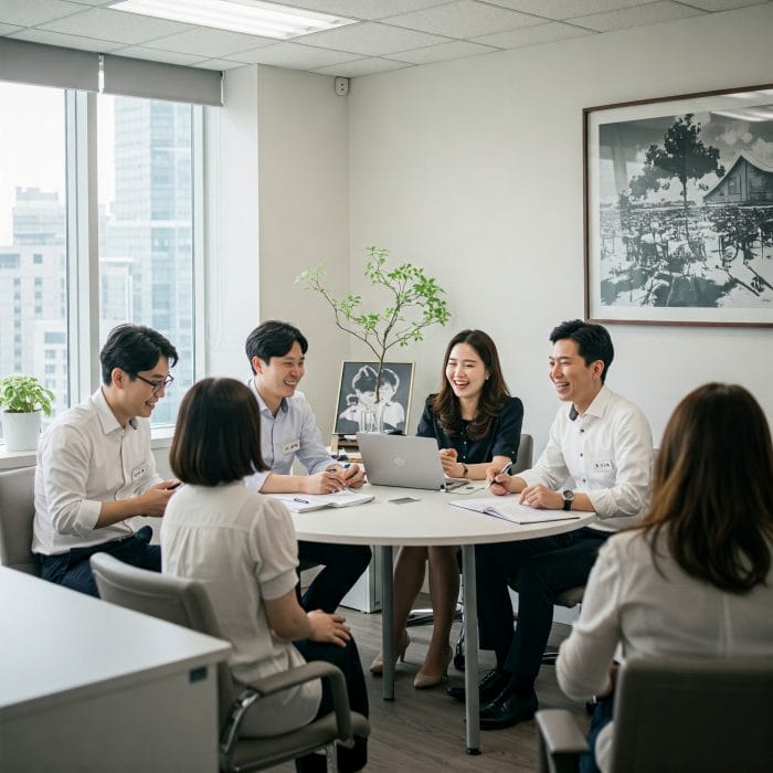 韓国のオフィスで和やかに会話する同僚たち