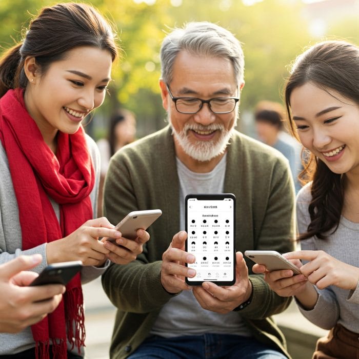 スマートフォンで韓国語学習アプリを使う人々