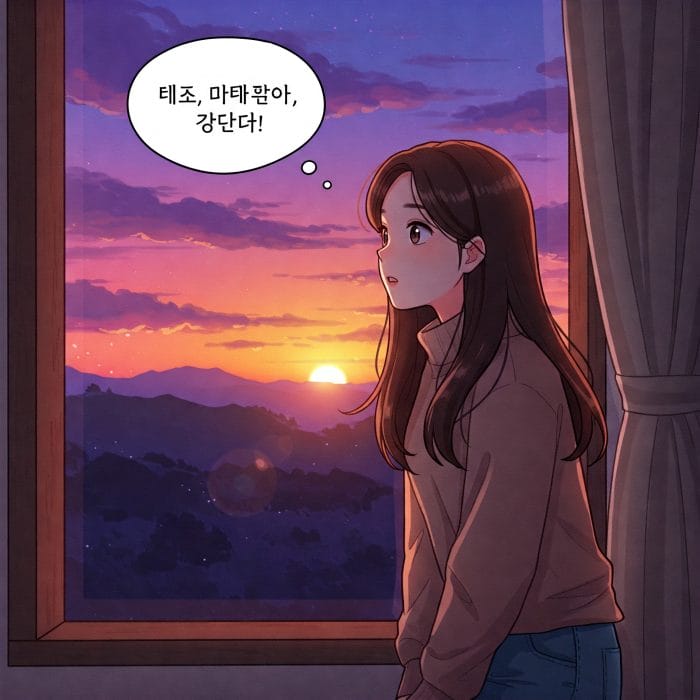美しい夕焼けを見て「アルムダプネヨ!」と感動する人物