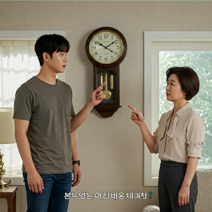 時計を指差して韓国語で時間を説明しているイラスト