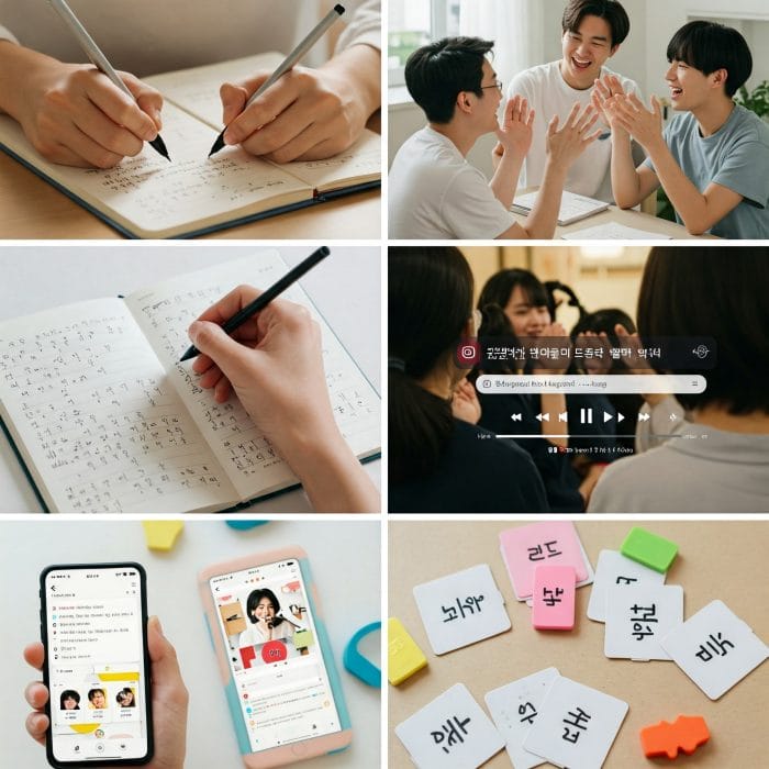 ハングルを楽しく学習している様子を示すコラージュ画像。ノート、スマホアプリ、フラッシュカードなど。