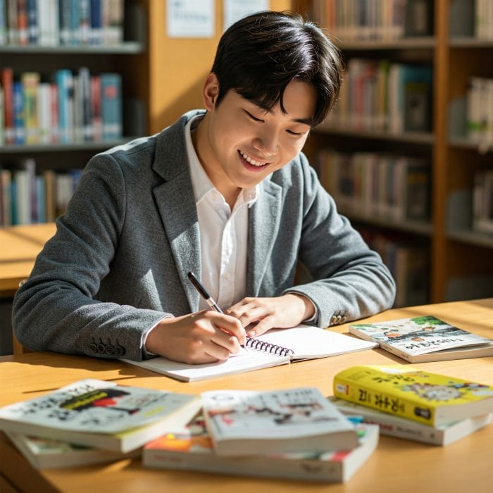 明るい未来や目標達成をイメージさせる画像。한다体を使った学習の成果を表す。