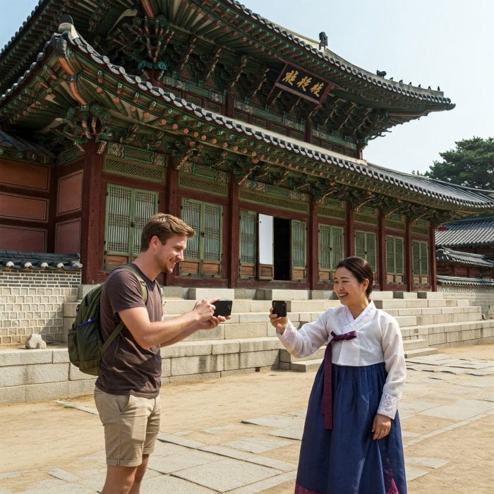 観光地で、旅行者がスマートフォンを差し出し、現地の人に写真撮影をお願いしているジェスチャーをしている。
