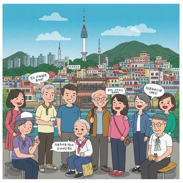 韓国語で会話する多様な人々と韓国のランドマークのイラスト