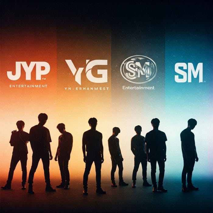 JYP, YG, SM, HYBEのロゴと練習生のシルエットのコラージュ