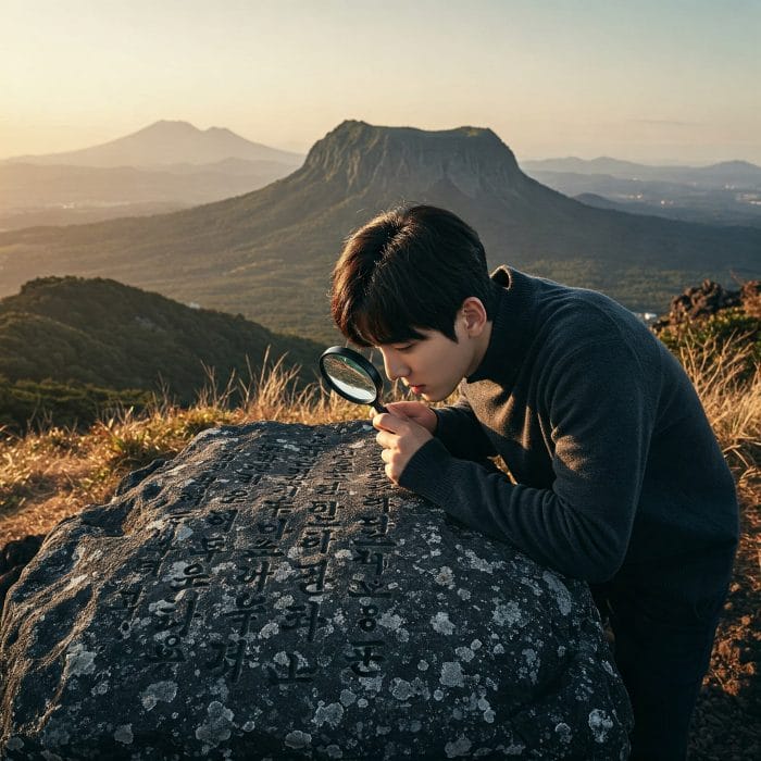 済州島の美しい自然を背景に、古い石碑に刻まれた済州方言の文字を研究している様子