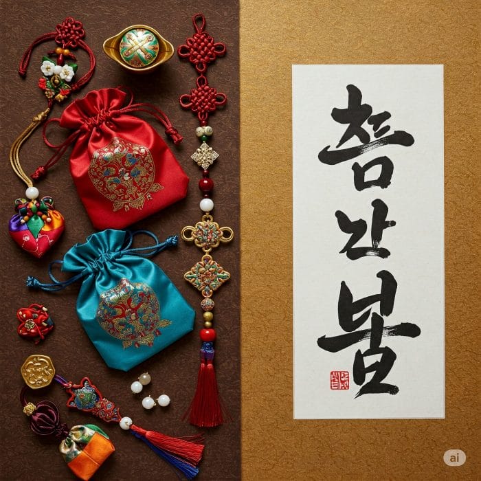 韓国の伝統的な幸運のお守り(福チュモニなど)と「운」という文字の書道が並べられた芸術的な写真。