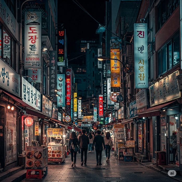 韓国のレストランで美味しそうに食事をする人々