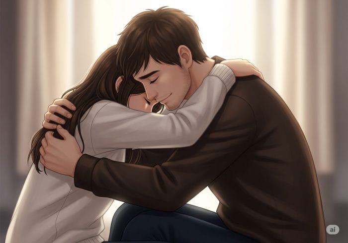 二人の人物が温かいハグを交わしている感動的なイラスト