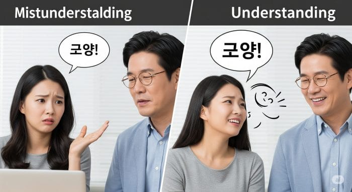 二人の人物が会話しているが、一方が曖昧な「クニャン」という返答をし、もう一方が困惑している様子と、その後お互い理解し合っている様子を対比させたイラスト