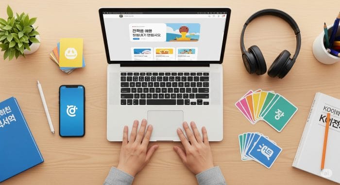 スマートフォンで韓国語学習アプリを使っている手元と整理された学習道具