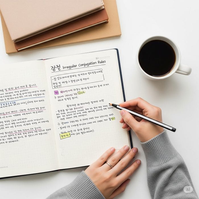 韓国語の学習ノートとコーヒーカップ