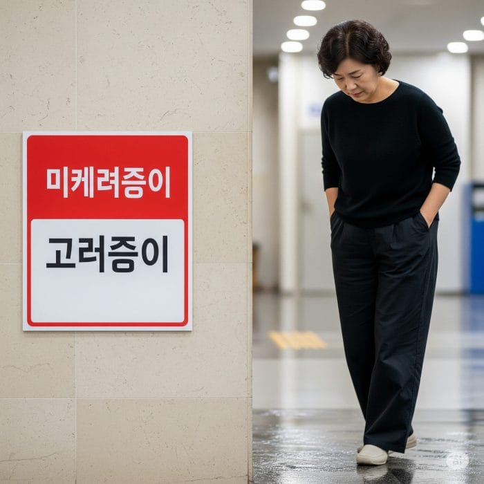「濡れているため注意」の韓国語標識と慎重に歩く人