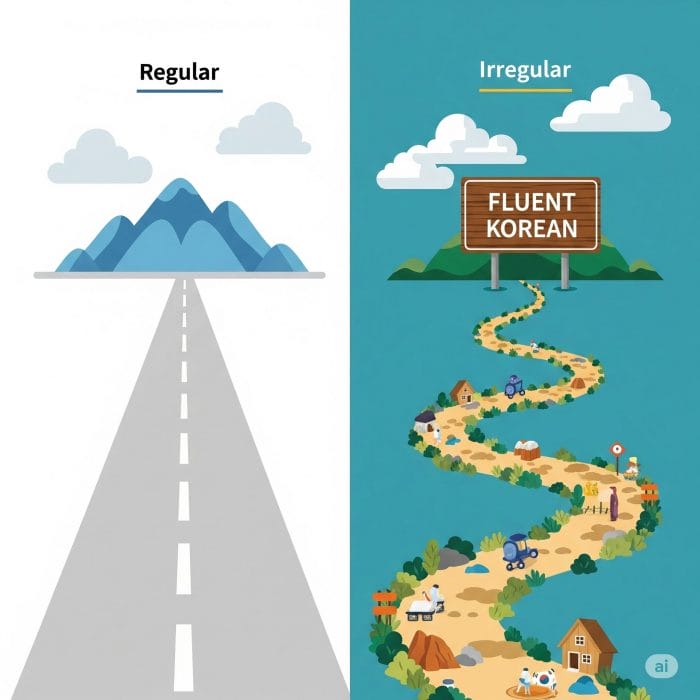 規則活用と不規則活用の道が「流暢な韓国語」につながるイラスト