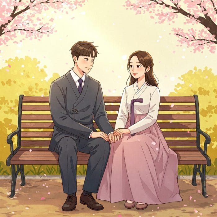 公園で親密に話す韓国人カップルまたは夫婦