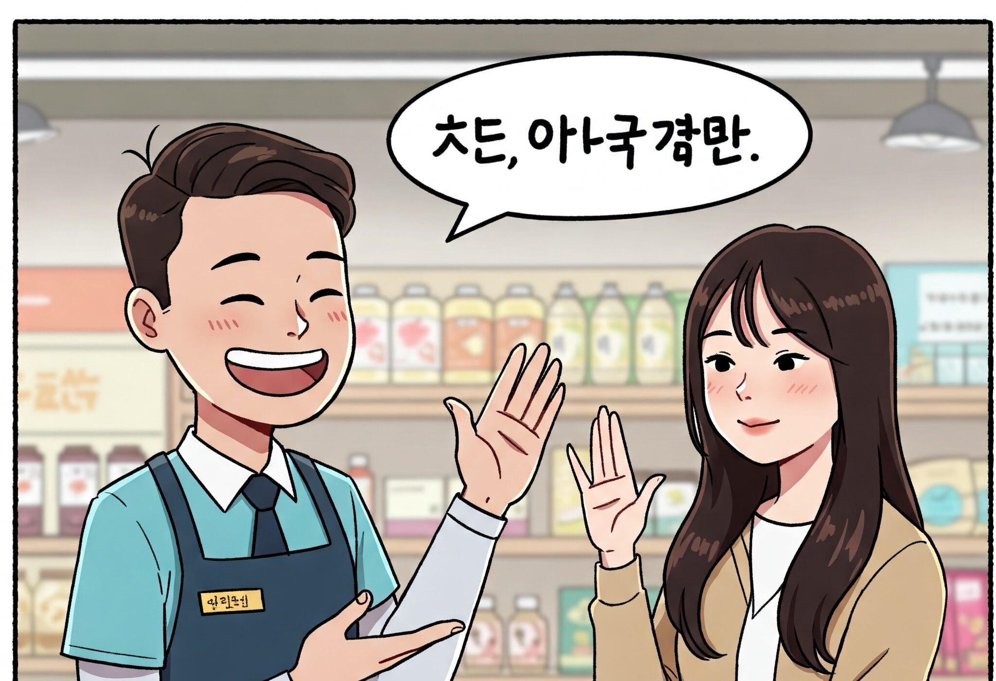 笑顔の店員が、手を挙げている女性に話しかけている。二人は商品棚を背にした通路に立っている。吹き出しには韓国語のテキストが書かれている。. 笑顔の店員が、手を挙げている女性に話しかけている。二人は商品棚を背にした通路に立っている。吹き出しには韓国語のテキストが書かれている。.