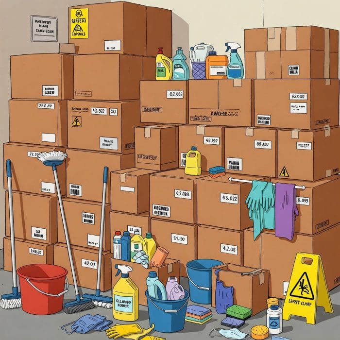 在庫の箱と、掃除用具のイラスト