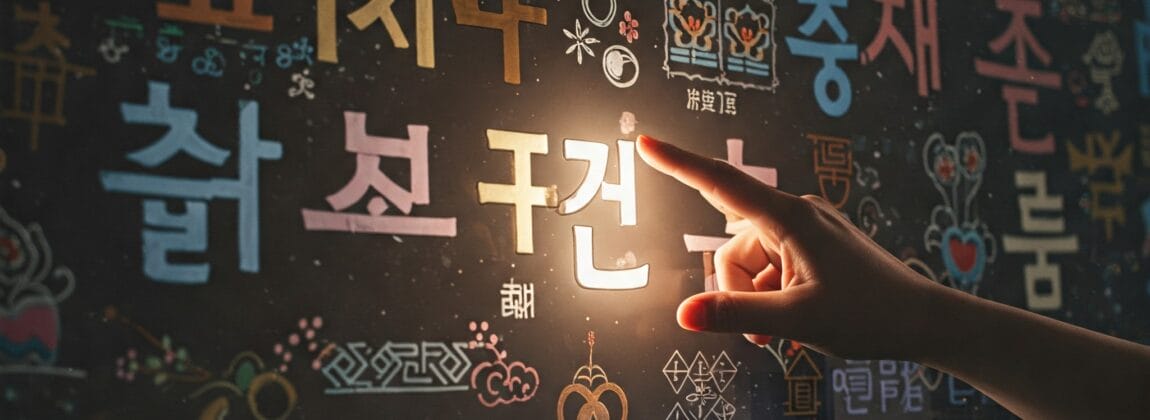 カラフルなデジタルディスプレイに光る韓国語の文字を手で指しており、背景にはさまざまなシンボルや街の建物がかすかに見えている。.
