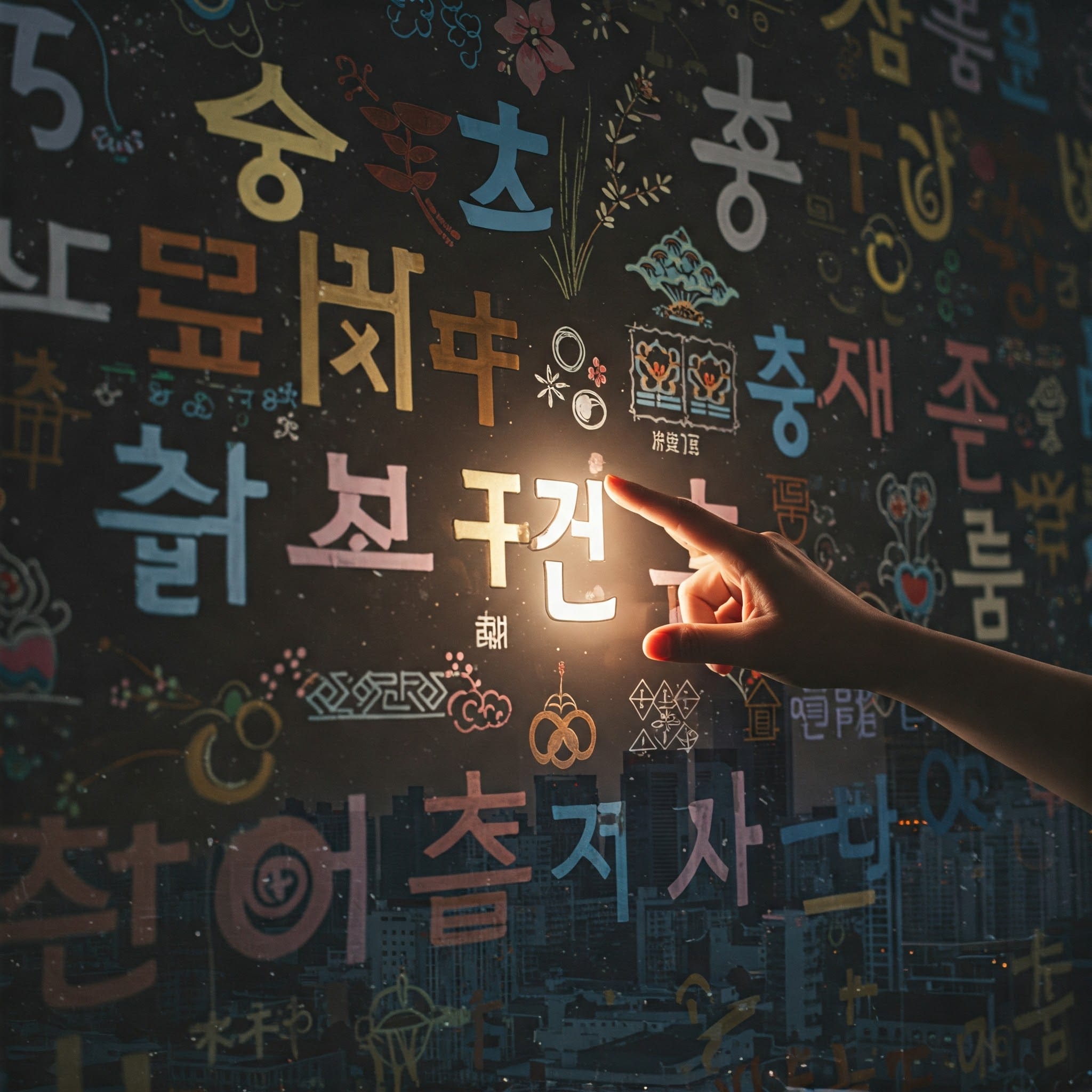 カラフルなデジタルディスプレイに光る韓国語の文字を手で指しており、背景にはさまざまなシンボルや街の建物がかすかに見えている。.