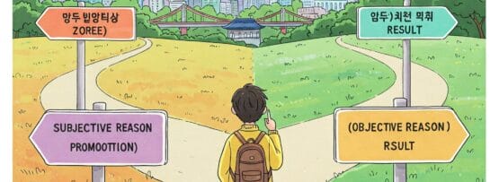 バックパックを背負った人物が分岐点に立っていて、「主観的理由による促進」と「客観的理由による結果」と書かれた道のどちらかを選んでおり、遠くに街が見えます。.