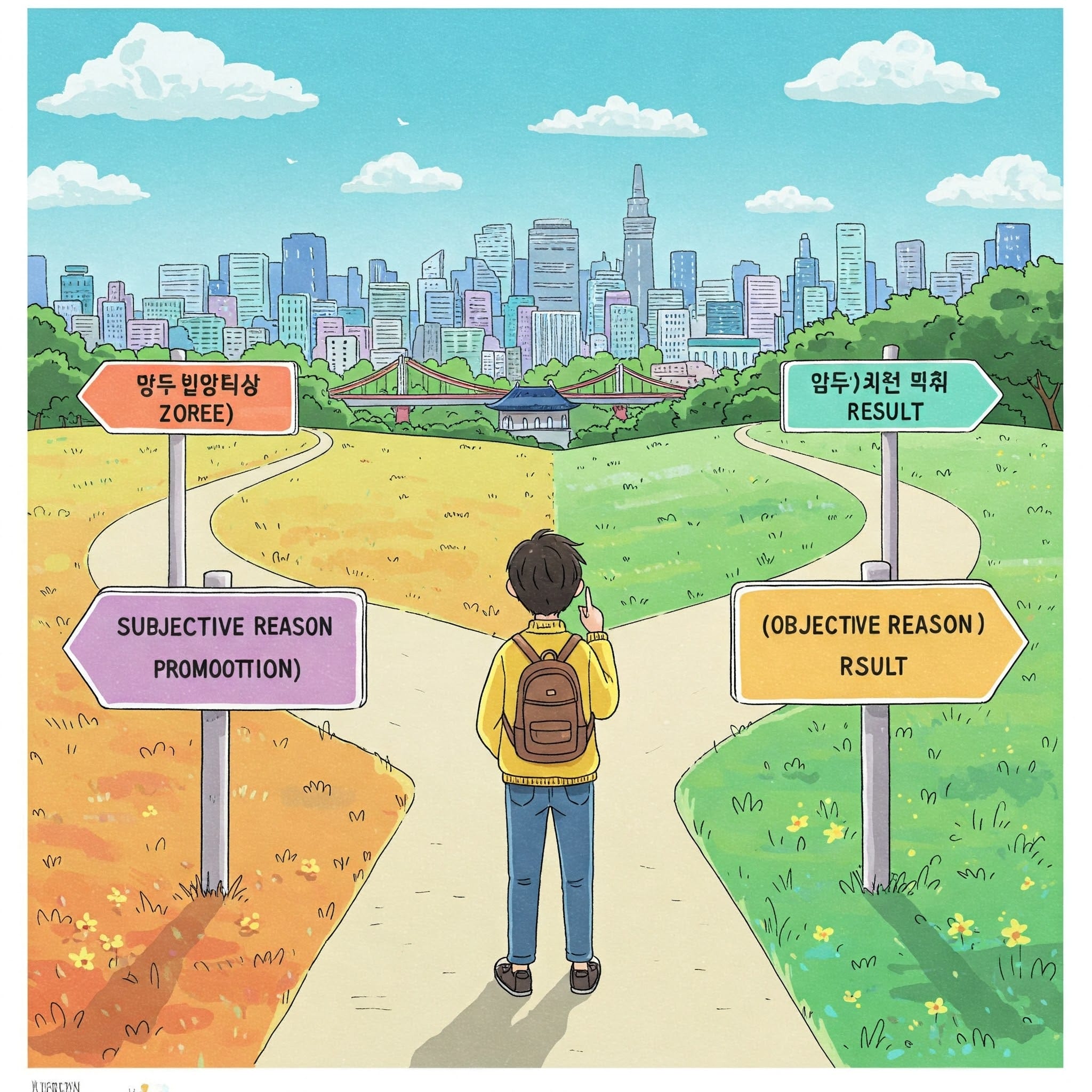 バックパックを背負った人物が分岐点に立っていて、「主観的理由による促進」と「客観的理由による結果」と書かれた道のどちらかを選んでおり、遠くに街が見えます。.