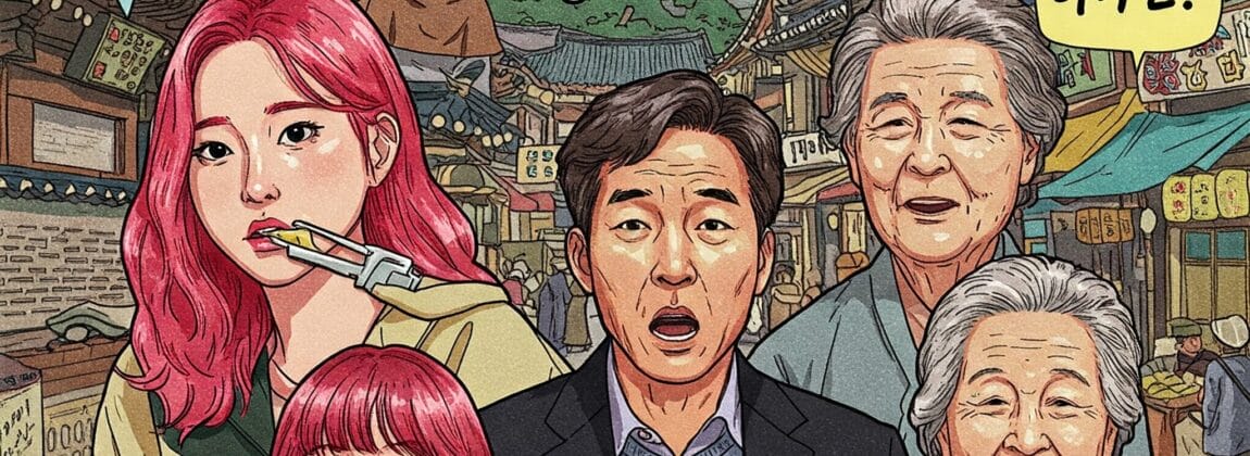 さまざまな年齢層の 6 人の人物が、韓国の伝統的な村の背景の前に立っています。それぞれの人物の吹き出しには、驚きや困惑を表す韓国語のフレーズが書かれています。. さまざまな年齢層の 6 人の人物が、韓国の伝統的な村の背景の前に立っています。それぞれの人物の吹き出しには、驚きや困惑を表す韓国語のフレーズが書かれています。.