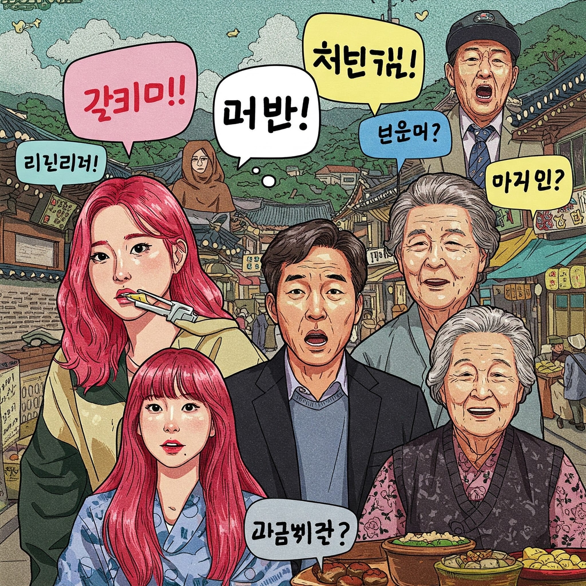 さまざまな年齢層の 6 人の人物が、韓国の伝統的な村の背景の前に立っています。それぞれの人物の吹き出しには、驚きや困惑を表す韓国語のフレーズが書かれています。.