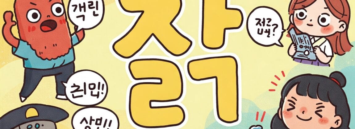 さまざまな表情豊かなキャラクターと中央の韓国語のテキスト、吹き出し、さまざまな表情を描いたカラフルな漫画イラスト。.