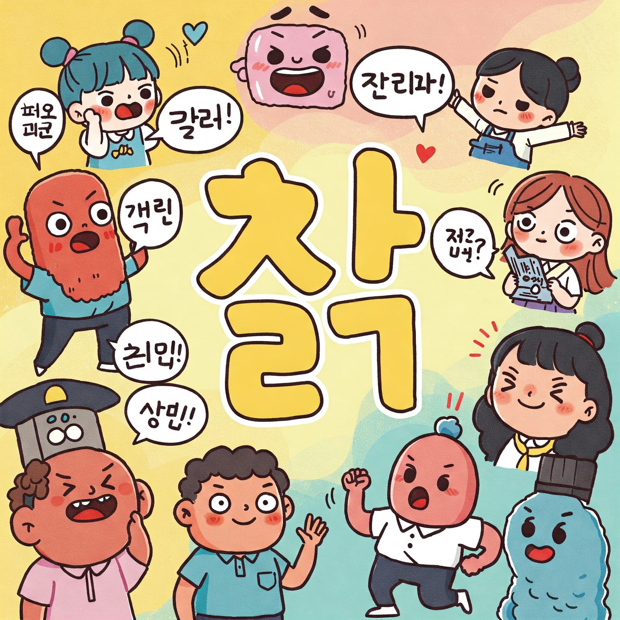さまざまな表情豊かなキャラクターと中央の韓国語のテキスト、吹き出し、さまざまな表情を描いたカラフルな漫画イラスト。.
