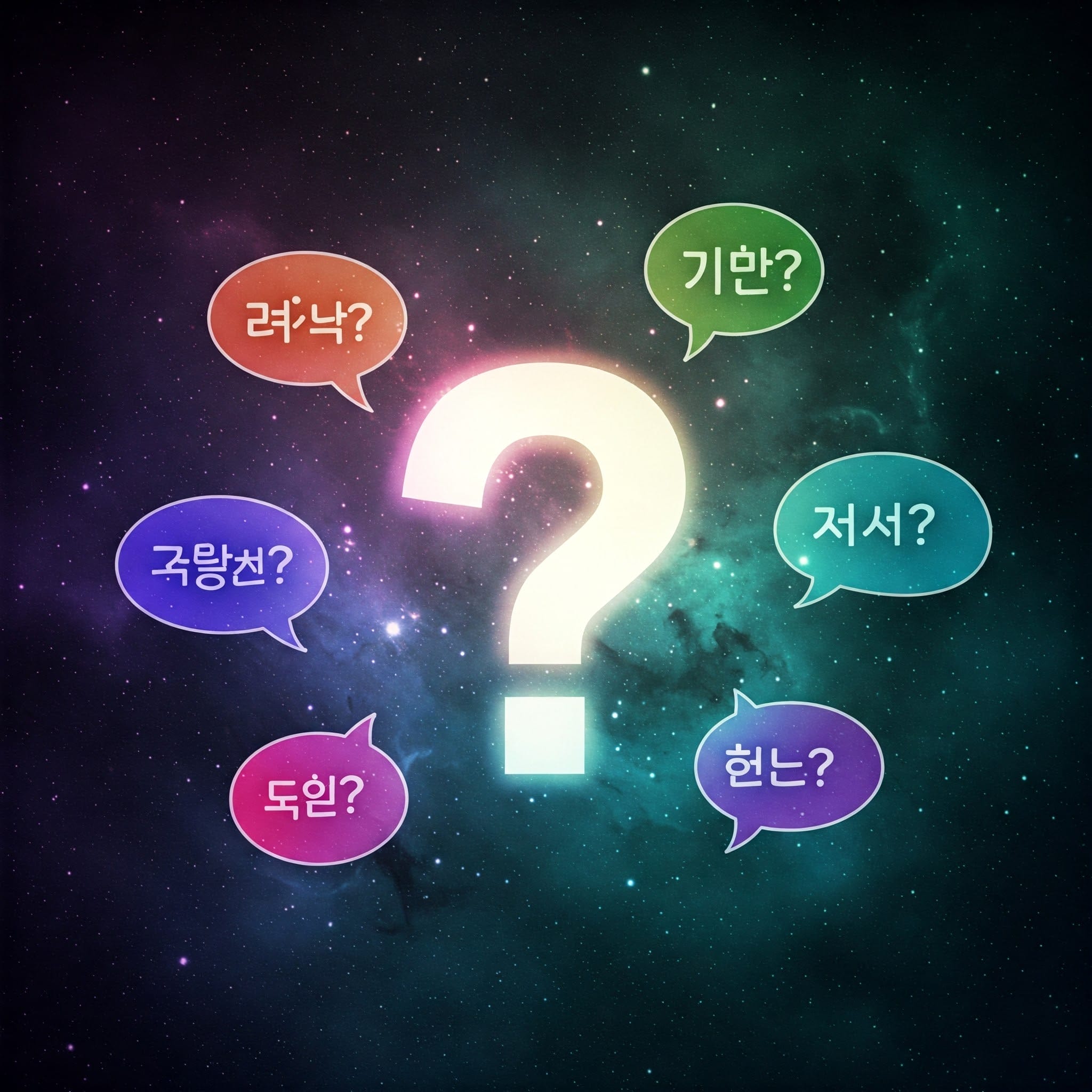 宇宙空間に光る疑問符。その周囲には韓国語のテキストが書かれたカラフルな吹き出しが描かれています。.