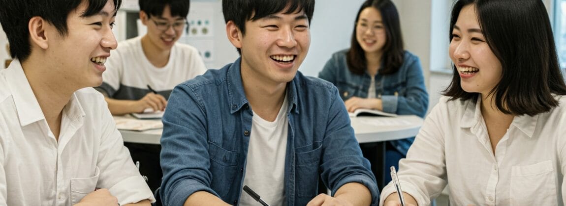若者のグループが教室のテーブルに座り、韓国語が書かれた本やワークシートを勉強しながら笑顔で話しています。.