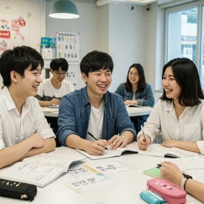 若者のグループが教室のテーブルに座り、韓国語が書かれた本やワークシートを勉強しながら笑顔で話しています。.