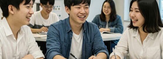 若者のグループが教室のテーブルに座り、韓国語が書かれた本やワークシートを勉強しながら笑顔で話しています。.