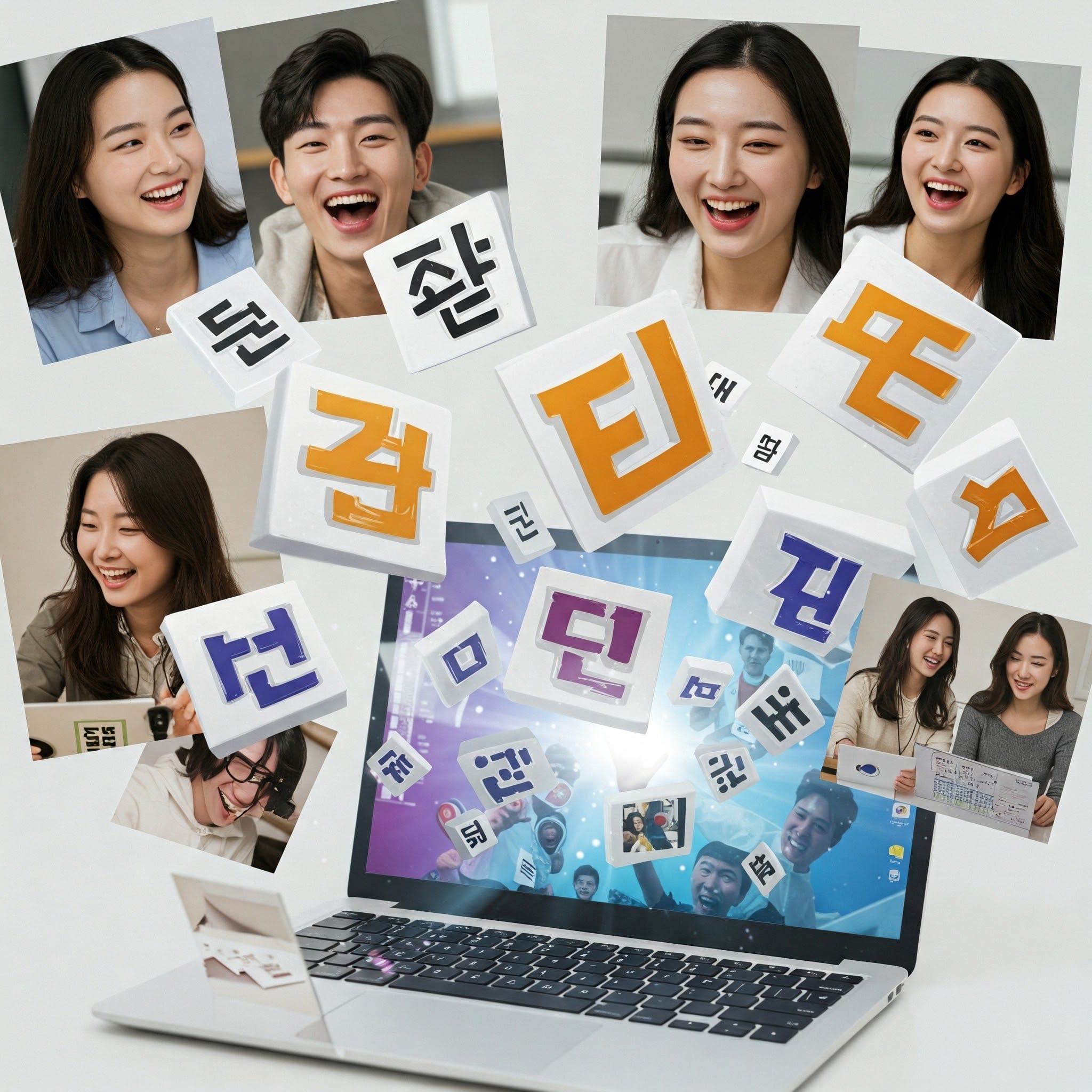 ビデオ通話のスクリーンショットには 5 人が笑顔で写っており、開いたノートパソコンの上にはビデオ通話に参加している他の人たちを示す大きな韓国語のテキスト グラフィックが浮かんでいます。.