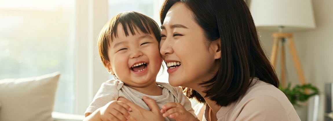 女性と幼い子供が室内に座り、一緒に微笑んで笑っています。目の前のテーブルには色とりどりのおもちゃが置かれています。.