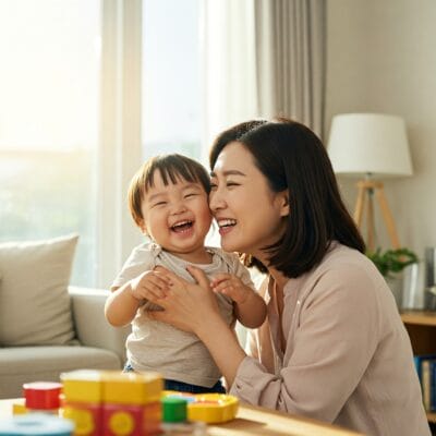 女性と幼い子供が室内に座り、一緒に微笑んで笑っています。目の前のテーブルには色とりどりのおもちゃが置かれています。.