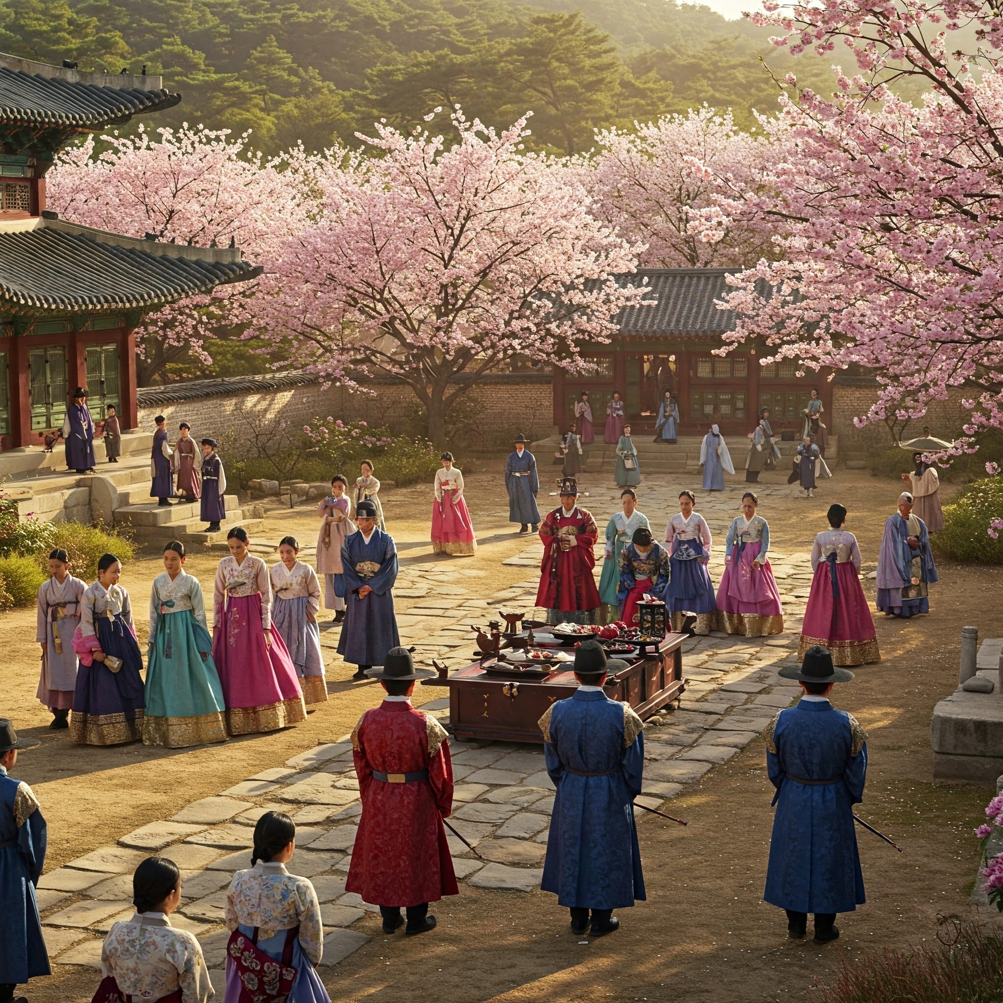 満開の桜の木々に囲まれた宮殿の中庭には、伝統的な韓国の韓服を着た人々が集まり、儀式用のテーブルや衛兵も配置されています。.