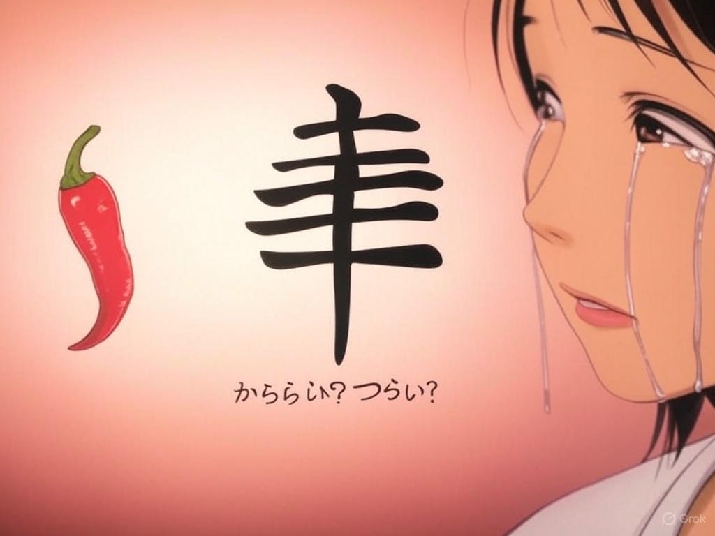 アニメ風の人物が唐辛子と日本語の文字の横で泣いており、その間の中央に漢字の文字があります。. アニメ風の人物が唐辛子と日本語の文字の横で泣いており、その間の中央に漢字の文字があります。.